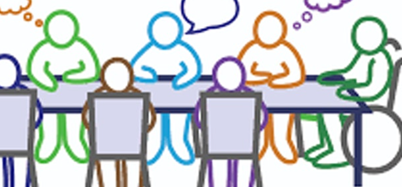 Graphic of people sitting at a meeting at a table with a speech bubble 