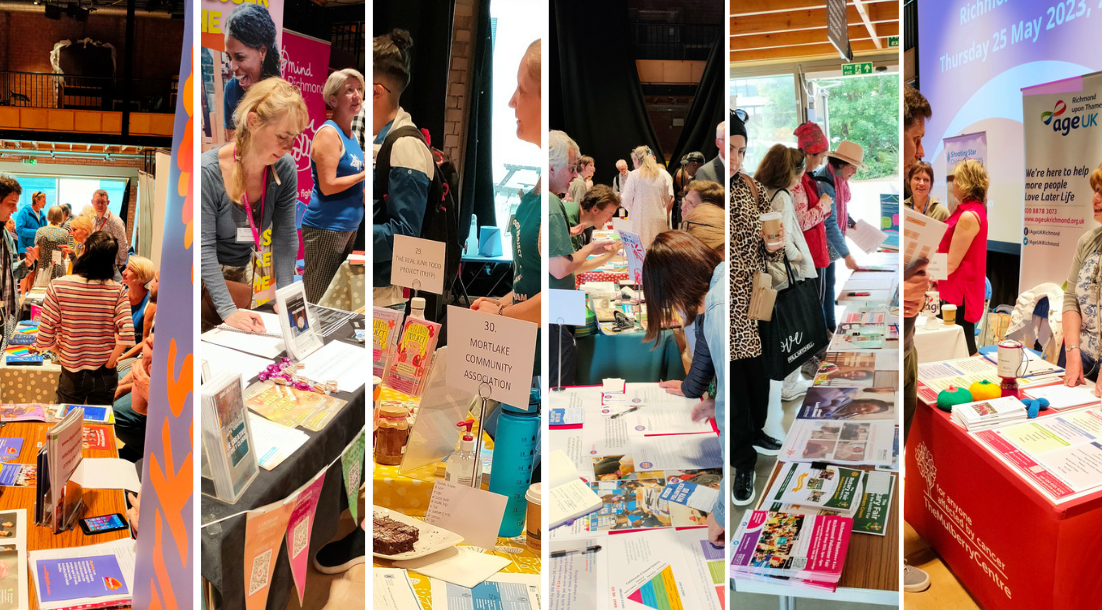 A selection of cropped photographs showing charity stalls and visitors to the Richmond Volunteer Fair 2023