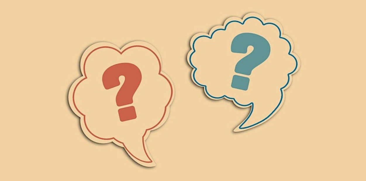 Graphic of a red and a blue speech bubble with question marks