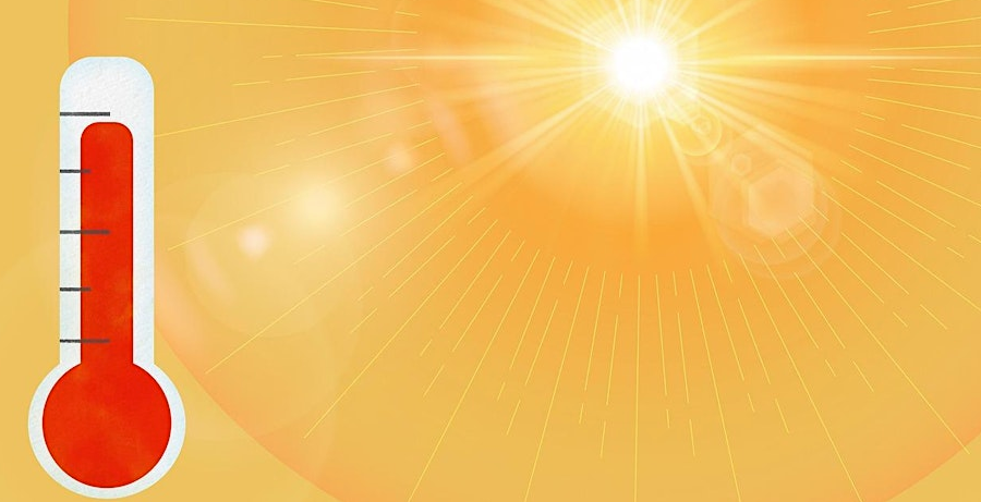 Graphic of bright orange sky and sunshine rays with a thermometer with maximum red colour reading 