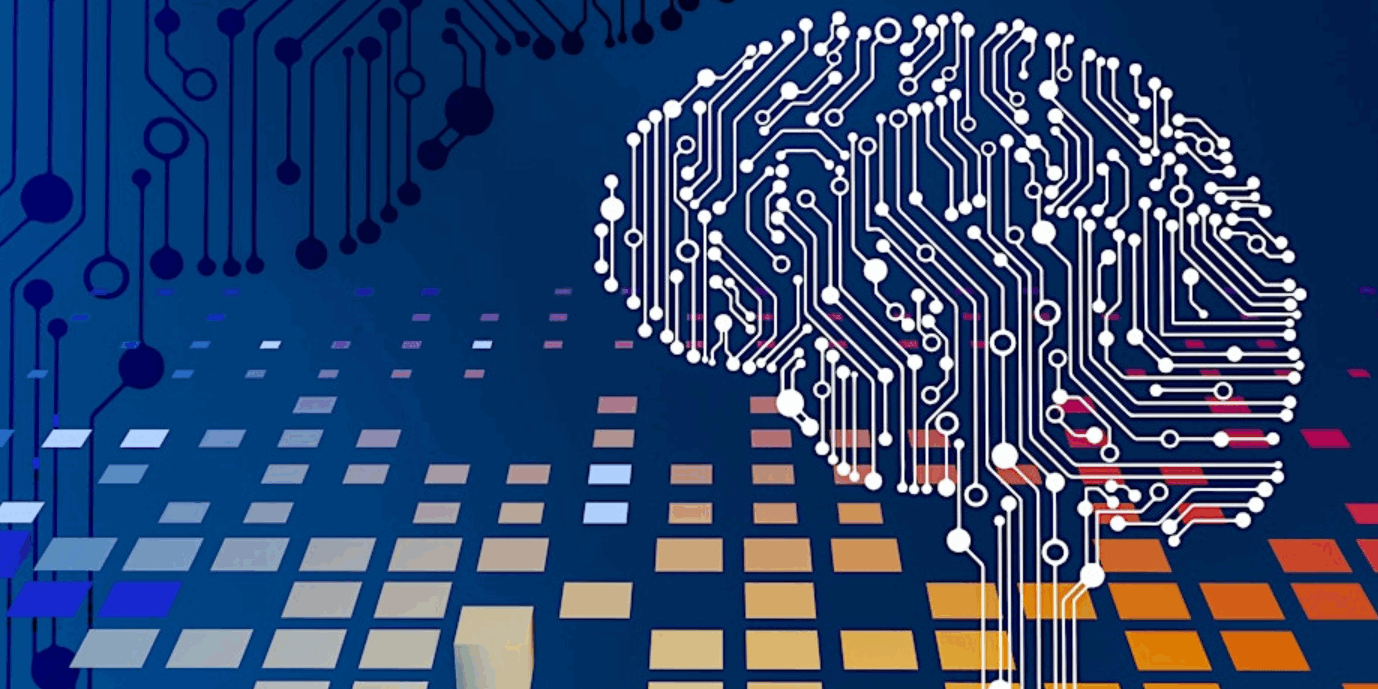 Digital image of a brain on a futuristic digital background of coloured squares