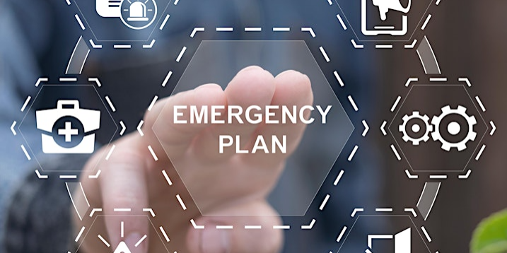 Hand appearing to reach for touch screen with text Emergency Plan surrounded by a range of graphic icons including cogs, magnifying glass, siren and exit door 