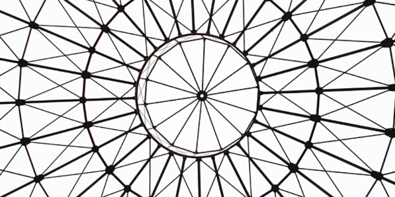 Black and white circular fractal-style graphic with lots of interconnecting lines