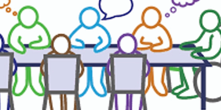 Graphic of people sitting at a meeting at a table with a speech bubble